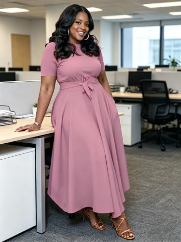 Image of Hostoyo Women Plus Size Formal A Line Maxi Dress Self Tie Waist with Pockets Elegant Round Neck Swing Long Dresses