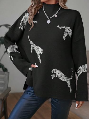 Image of WDIRARA Women's Leopard Print High Neck Long Sleeve Sweater Casual Knit Pullovers