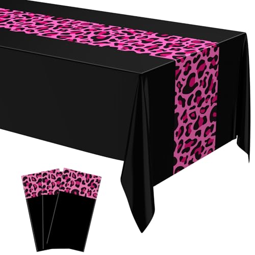 Image of Buryeah Leopard Print Tablecloth 54 x 108'' Leopard Plastic Table Cover Disposable Safari Animal Cheetah Print Party Decorations for Baby Shower Wedding Birthday Party Favors (Pink Black,3 Pcs)