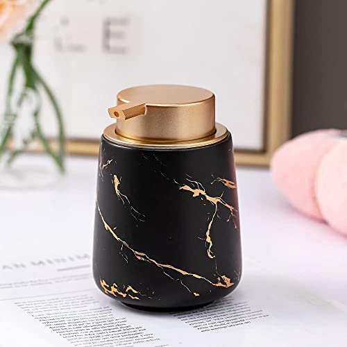 Image of Luxury Ceramic Soap Dispenser (Luxe Black) - 400ml Wide Modern Refillable Lotion Shampoo Handwash Bottle Matte Black with Gold Marbling Premium Countertop Accessory for Bathroom, Kitchen & Wash Basin
