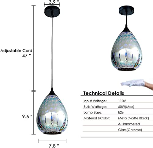 3D Glass Pendant Light, Modern Kitchen Pendant Lighting With Colored Hammered Shade, 3D Reflection Glass Hanging Pendant Ceiling Light Fixture For Living Room Bedroom Island Bar, 8In Chrome,2 Pack #TOP7