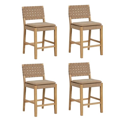 Image of Nathan James Cohen Mid-Century Modern Suede Bar Stool, Counter Height Chair in Solid Wood Frame with Footrest and Woven Suede Back for Kitchen, Natural Brown, Set of 4