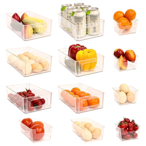 Image of MVOVM Refrigerator Organizer Bins 12 Pack Fridge Organizers with Handles Clear Freezer Storage Containers for Pantry, Cabinets,Shelves, Drawer – Plastic Kitchen Organizers