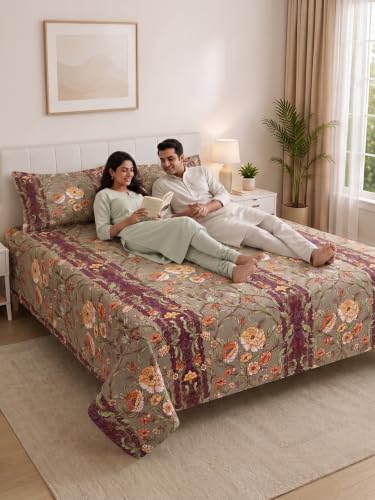Image of Mafatlal 130 GSM Pearl Printed Double Bedsheet with 2 Pillow Covers | 90 x 100 Inch | Premium Comfort Fabric | Smooth Texture, Lightweight, Neat Stitching, Home Decor Collection | Olive-Multicolor