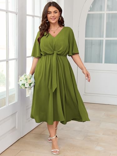 Image of SCOMCHIC Women Plus Size Midi Dresses Wedding Guest Short Sleeve V Neck Tie Waist Casual Summer Flowy A Line Dress