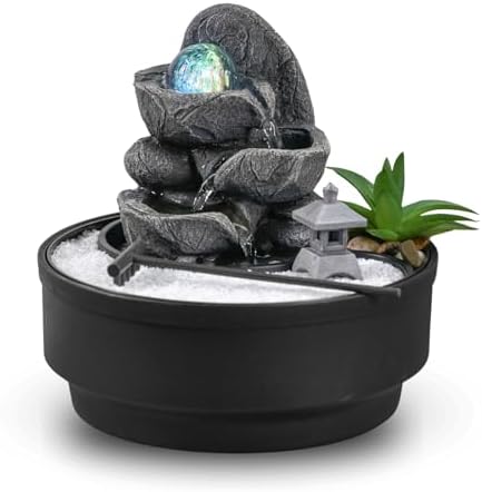 Fontaine d'Intérieur Jardin Zen, Boule de Verre Lumineuse en Rota...