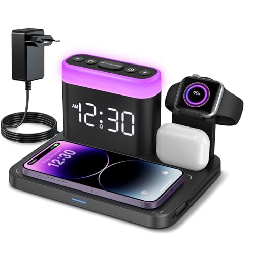 ANJANK Base de Carga Inalámbrica 3 en 1 con Reloj Despertador, 7 Luces Nocturnas y mag-Safe - Estación de Carga para iPhone 16/15/14/13/12/11 Pro MAX/Plus,para Apple Watch 10/9/8/7/Ultra/SE,AirPods