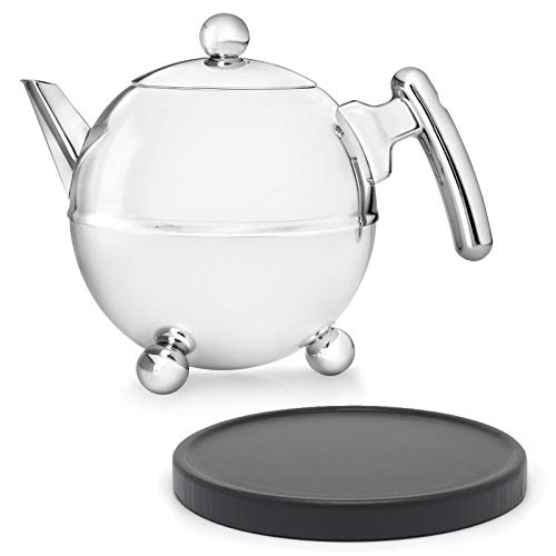 Bredemeijer Bella Ronde Edelstahl-Teekannen-Set 1.5 L - Doppelwandige Edelstahlkanne in Kugelform mit Füßen, silber - Mit schwarzem Untersetzer, ohne Siebeinsatz, ideal für Teebeutel & losen Tee