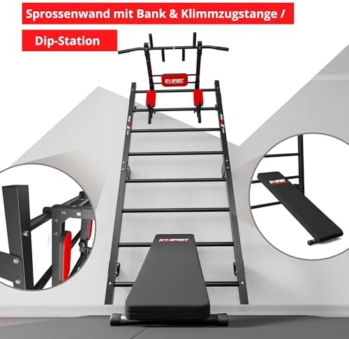 Bild 1 - K-Sport: Trainingsset Sprossenwand + Dip Station, Klimmzugstange & Trainingsbank I Kraftstation mit Pull-Up Bar, Dip Stange & Hantelbank, inkl. E-Book