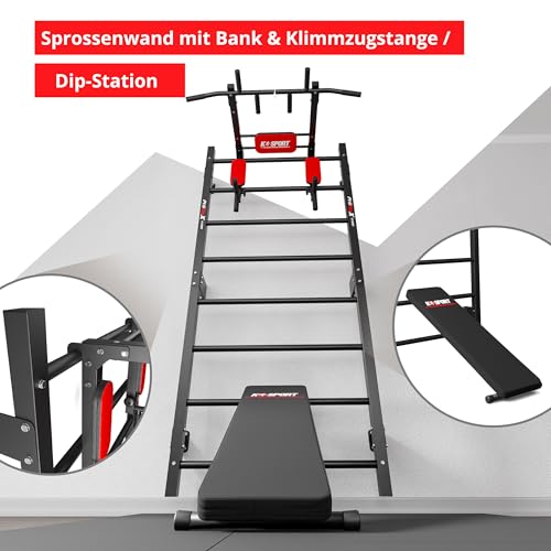 K-Sport: Trainingsset Sprossenwand + Dip Station, Klimmzugstange & Trainingsbank I Kraftstation mit Pull-Up Bar, Dip Stange & Hantelbank, inkl. E-Book