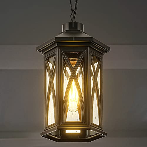 Hopejoy Outdoor Pendant Light, Modern Black Outdoor Hanging Porch Light With Adjustable Chain, Anti-Rust Aluminum Frame With Clear Seeded Glass, Exterior Hanging Lantern For Doorway Front Door #TOP9