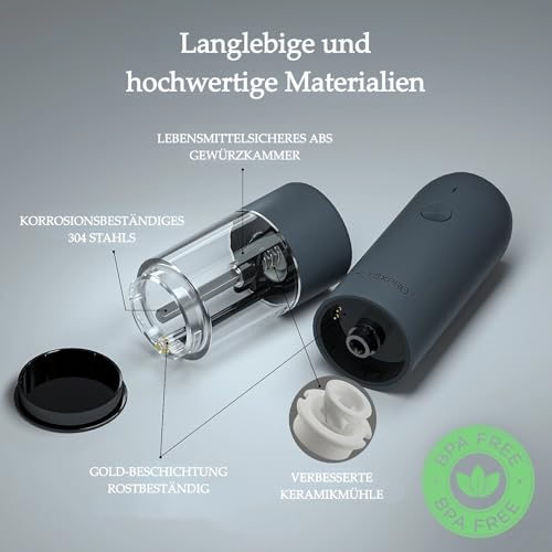TLYSXPRO Salz und Pfeffermühle Elektrisch 2er Set, USB Wiederaufladbar, Einstellbarer Grobheit Gewürzmühle… – Ansicht 3