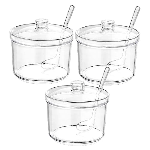 Pujito 3 Pack Acrylic Sugar Bowl with Lid and Spoon for Sugar, Salt, Tea, Spices, Condiments, Halloween Candy jar | Sugar Jar Dispenser | Condiment Container | Seasoning Box | Spice Container(13 oz)
