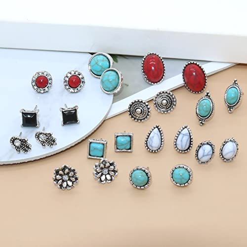 Boho Color Crystal Stone Stud Earrings Set Retro Silver Geometry Post Earrings Fashion Jewelry For Women And Girls Gift (Style 8) #TOP4