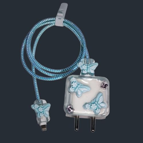 Image of Cable Protector with 3D Cute Pattern for iPhone Charger only 18W & 20W, Data Charging Cable Wire Saver Protective Cable Cover Full Protection Cable Sleeve (Blue 3D Butterfly)