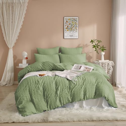 DXHOME Seersucker Elegante ropa de cama de verano de 220 x 240 cm, color verde, verde salvia, elegante, ropa de cama de verano con cremallera y 2 fundas de almohada de 80 x 80 cm