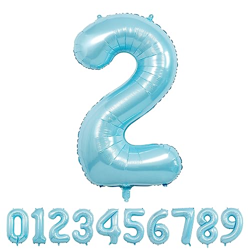 Image of Blue Light Number Balloon, 40 Inch, Party Decorations for Birthdays, Boy Baby Shower, Wedding, Unisex, Includes 1 Balloon, 1 Roll String, 1 Straw