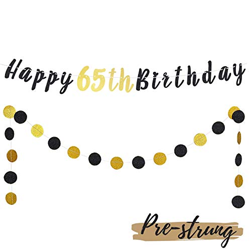 LASKYER Happy 65th Birthday Decoration Set - 65th Bday Banner with Black & Gold Glitter Circle Dots Cheers to 65 Years Old Birthday Party Decorations.[Pre - Strung]