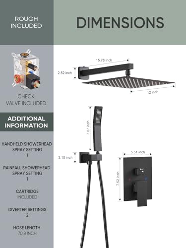 Cobbe Shower System, Shower Faucets Sets Complete, 12 Inches Matte Black Shower Fixtures with Handheld, Black Shower Faucet Set for Bathroom Rough-in Valve Body and Trim Included - Thumbnail 7