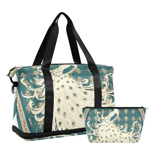 Retro Victorian Style White Peacock Green Sports Tote Gym Bag Overnight Carry On Tote and Luggage with Adjustable Strap for Airplane Traveling Large Capacity