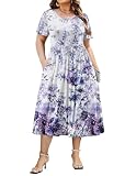 IN'VOLAND Plus Size Women Summer Short Sleeve Midi Dress with Pockets