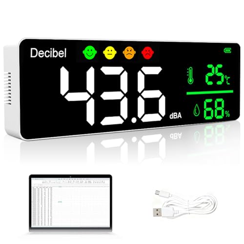 Medidor de nivel de sonido profesional con registro de datos, medidor digital de decibelios de ruido 30-130 dBA, monitor de temperatura y humedad, exportación tipo C, función de alarma para el lugar Medidor de nivel de sonido profesional con registro de datos, medidor digital de decibelios de ruido 30-130 dBA, monitor de temperatura y humedad, exportación tipo C, función de alarma para el lugar