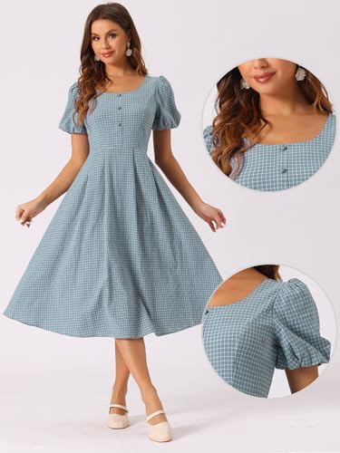 Image of Allegra K Plaid Dress for Women Summer Smocked Back Round Neck Puff Short Sleeve Flowy Midi Dresses