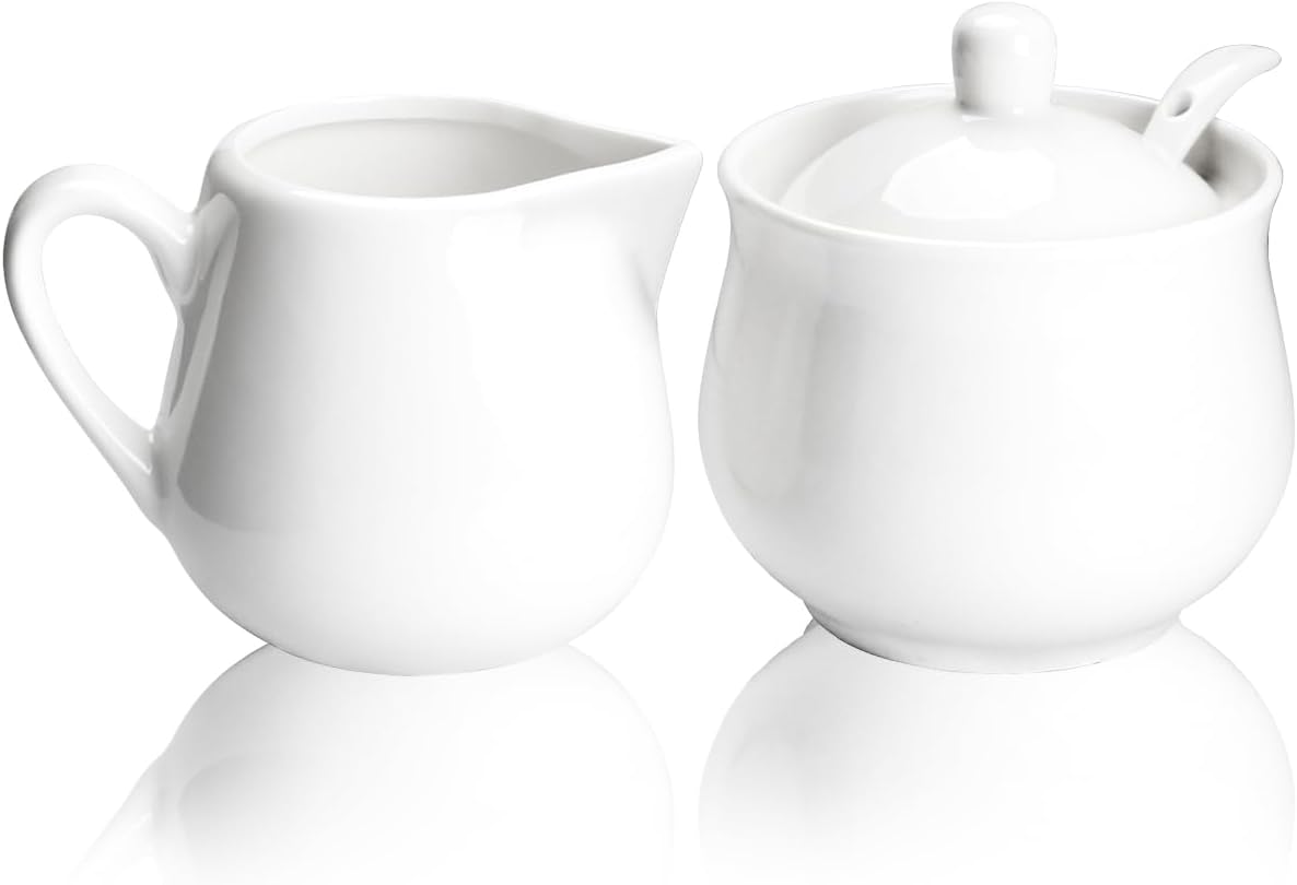 Ceramic Sugar & Creamer Set – 3-Piece White Set with 7oz Sugar Bowl, 7oz Creamer Pitcher, and Spoon – Coffee Serving Set for Countertop or Kitchen