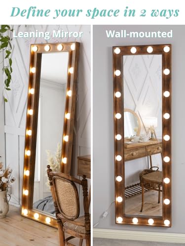 LUXFURNI 64\" x 20\" Full Length Mirror with Lights, Full Body Mirror with 22 LED Bulbs, Large Standing Floor Mirror, Wall Mounted Mirror Dimmable & 3 Color Lighting for Bedroom (Rustic Brown)