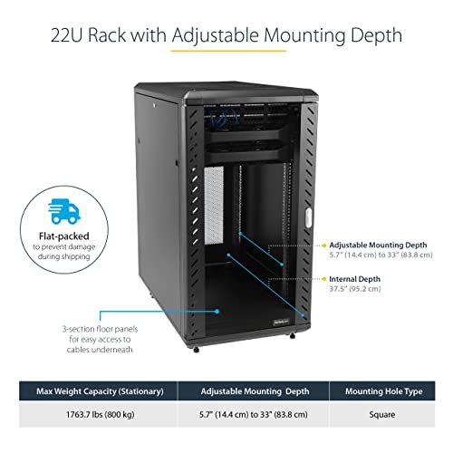 Image of StarTech 22U 4-Post Server Cabinet, 33in /83cm Deep, 1764lb (RK2236BKF) | 19in enclosed enterprise steel rack, Adjustable depth 5.7in-33in, Lockable vented doors, Casters & feet