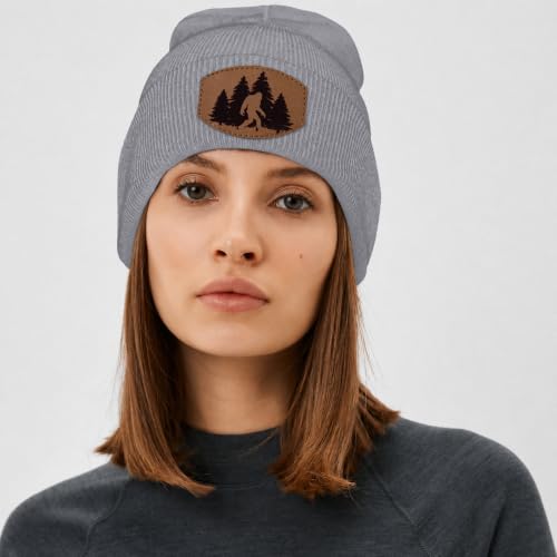Image of Big Foot Beanie Hat, Sasquatch Leather Patch Winter Knit Skull Cap Bigfoot Gifts for Adult Men Women