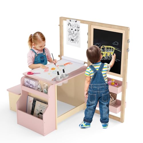 GOPLUS Tableau Enfant Double Face Blanc Noir, Chevalet Enfant Double Face Ajustable, Rouleaux de Papier Interchangeables, Jouet de Dessin en Bois pour 3+ Ans...