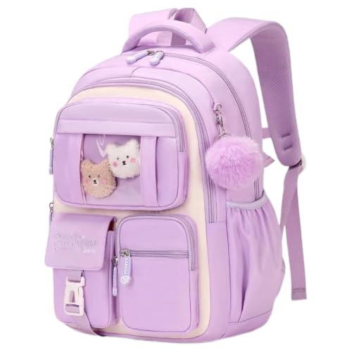 Image of MATMO Multi-Pocket Girls Boys School Backpack Kids Student Bookbag Travel Daypack (Purple with White)