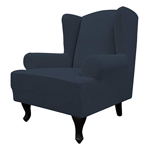 Image of Easy-Going Stretch Large Wingback Chair Sofa Slipcover Dark Blue | 1-Piece Sofa Cover Furniture Protector Couch Soft with Elastic Bottom, Spandex Jacquard Fabric Small Checks