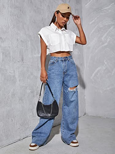 Verdusa Women's Pocket Front Roll Up Cap Sleeve Button Down Crop Blouse Top4