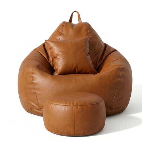 Image of KAM'S LIEU Bean Bag Chair with Footrest & Cushion | Pre-Filled Beans | PVC Leatherette Lounger Sofa | Indoor & Outdoor Bean Bag | 6 Months Warranty Size & Color- (TAN, XXXXXL, Premium)