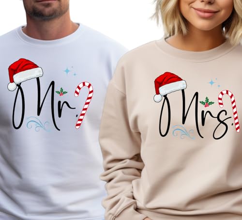 Personalized Handmade Christmas Mr & Mrs Sweatshirts – Matching Holiday Sweaters for Couples, Winter Wedding Gift, Husband & Wife Xmas Shirts Red2