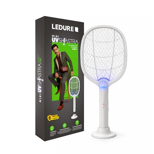 Image of Ledure Mini UV Shastra Mosquito Bat with UV Light | 2-in-1 Rechargeable Mosquito Killer Racket with USB Type-C | 6 Months Warranty | Auto Kill Electric Mosquito Racket with Stand | White