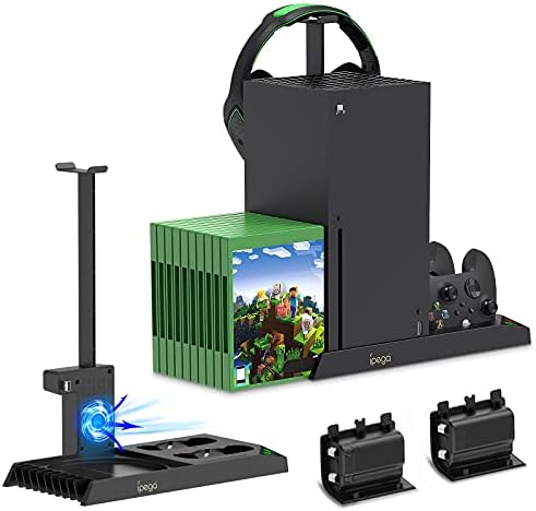 Vertical Cooling Stand for Xbox Sequence X Console – Twin Controller Charging Dock Station with 2 Pack 1400mAh Batteries & Sport Rack Storage Organizer and Gaming Headphones Holder for Xbox Sequence X