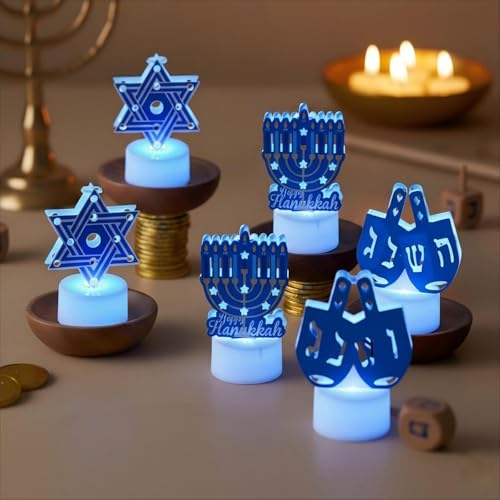 Velas LED de Hanukkah a pilas sin llama decoración Estrella de David Menorá 6 ud