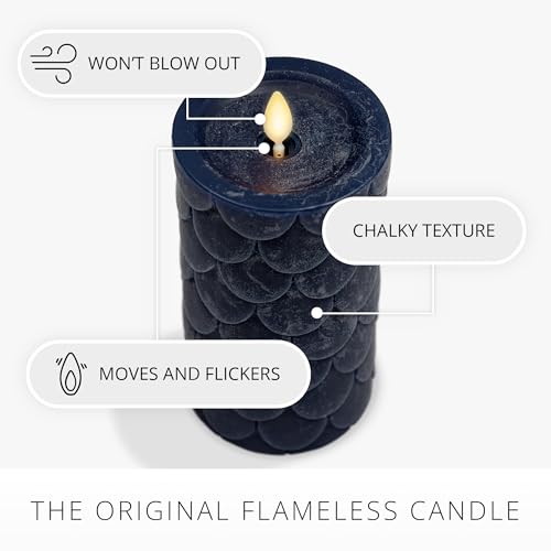 Image of Luminara Embossed Fish Scale Flameless LED Candle, Midnight Blue, 3.25 inch x 6.5 inch, Moving Flame Pillar, Battery Operated with Timer, Indoor
