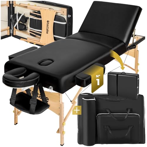 tectake® Camilla Masaje Plegable de Madera, Camilla Profesional para Fisioterapia, Quiromasaje, Tatoos, Reiki, con Bolsa Transporte, 218x102x65 90 cm   Negro