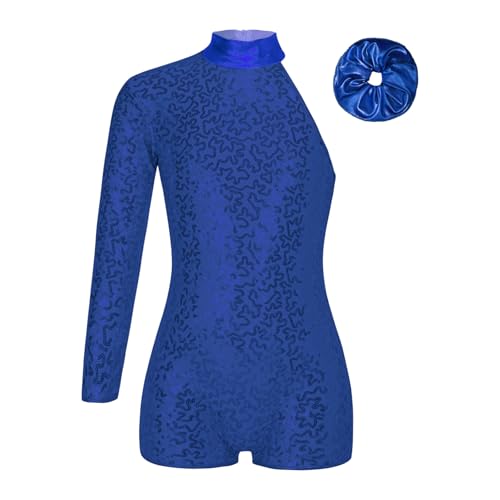 YEAHDOR Ragazze Ginnastica Leotards Body Danza Classica Monospalla Leotards con Paillettes con Fascia per Cappelli Tuta Intera Corta da Pattinaggio Artistico Blu 11-12 Anni