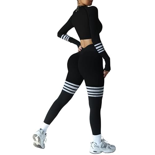 HUBGFEQ Women Gym V-Back Line Yoga Pants Butt Lifting Fitness Athletic Workout Scrunch Leggings Outdoor Tights-Black Set 4-XL