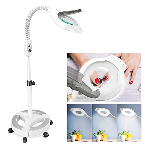 Magnifying Floor Lamp, Auzro 3-Diopter Flexible Swan-Neck Height & Brightness Adjustable with Rolling Base, Dimmable Light with Magnifying Glass, Magnifying Lamp (White)