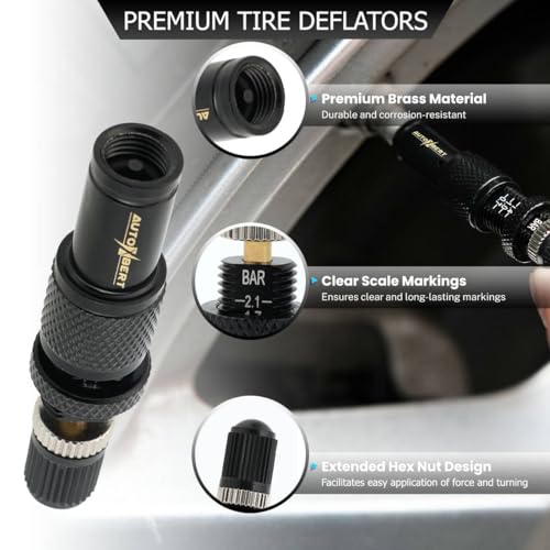 Image of Adjustable Auto-Stop (10-30 PSI) Tire Air Down Deflator Valve Kit,Includes Valve Caps & Storage Bag,4-in-1 Valve Tool Compatible with Car, Truck, Jeep, SUV, ATV(Black)