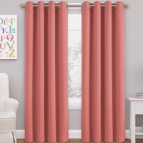 Turquoize Thermal Insulated Room Darkening Solid Grommet Panels for Bedroom Living Room Blackout Window Treatment Blackout Curtains for Girls Room,Set of 2, 52 by 96 Inch, Coral