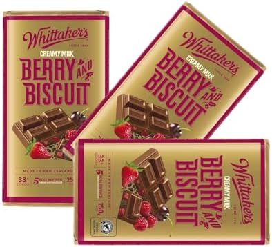 Whittaker's Classic Block, Crafting New Zealand’s finest chocolate since 1896, Imported from New Zealand (Pack of 3, Berry & Biscuit, 33% COCOA • 5 ROLL REFINED, 250G)