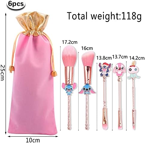 5PCS Cartoon Makeup Brush Set with Storage Bag Portable Stitch Theme Cosmetic Brushes for Powder Eyeshadow Blushes Lips Gifts for Girl Women