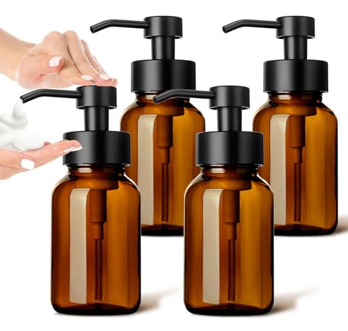 GMISUN Foaming Soap Dispenser, 4 Pcs 8.5 Fl oz Amber Glass Foam Hand Soap Dispenser for Bathroom & Kitchen, Refillable Hand Soap Foam Dispensers, Modern Amber Glass Pump Bottle with Waterproof Labels